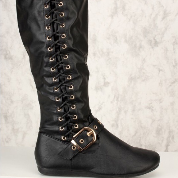 5⭐️BLACK Lace Up Mid-Calf Round Flat Boots- Shoe - Picture 3 of 3